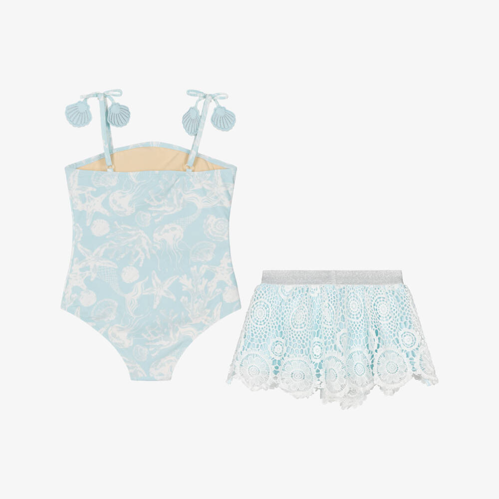 Shade Critters-طقم سباحة بطبعة بحر ية لون أزرق وأبيض للبنات (UPF50+) | Childrensalon