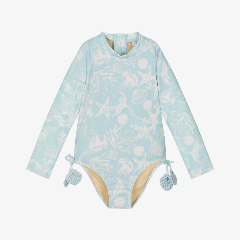 Shade Critters-Girls Blue & White Sea Creature Print Swimsuit (UPF50+) | Childrensalon