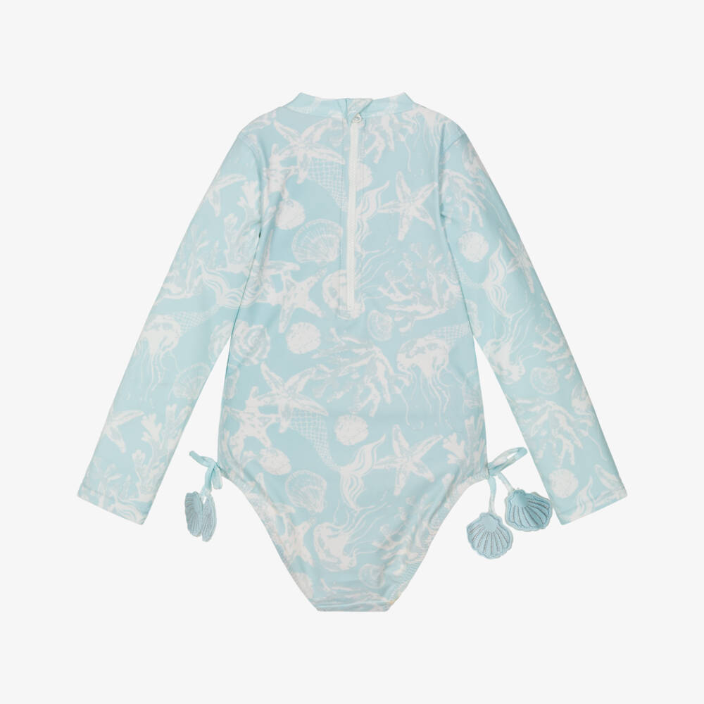 Shade Critters-Girls Blue & White Sea Creature Print Swimsuit (UPF50+) | Childrensalon