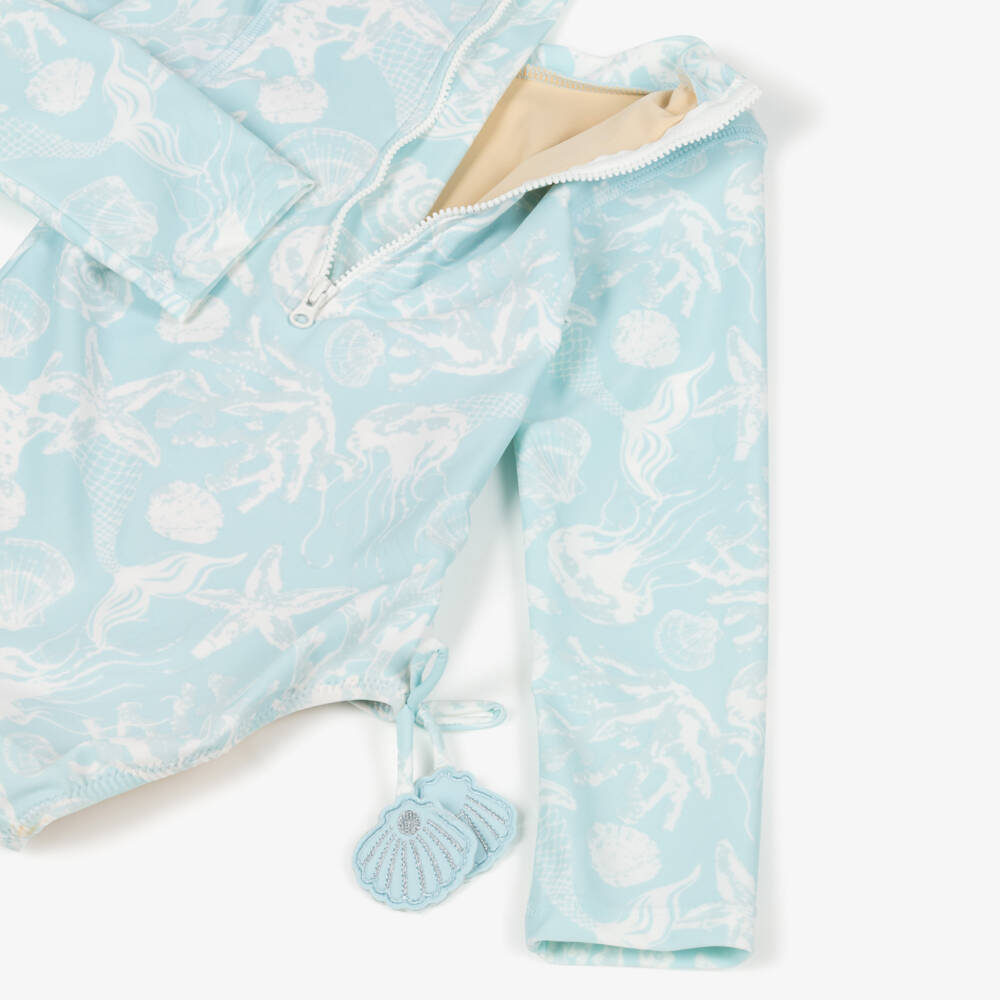 Shade Critters-Girls Blue & White Sea Creature Print Swimsuit (UPF50+) | Childrensalon