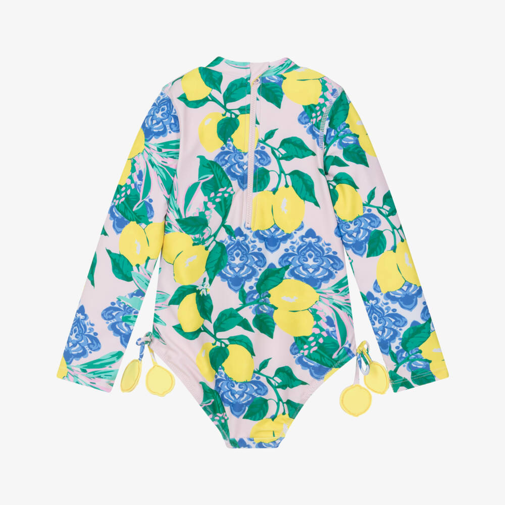 Shade Critters-Girls Blue & Yellow Lemon Print Long Sleeved Swimsuit (UPF50+) | Childrensalon