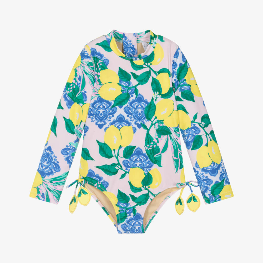 Shade Critters-Girls Blue & Yellow Lemon Print Long Sleeved Swimsuit (UPF50+) | Childrensalon