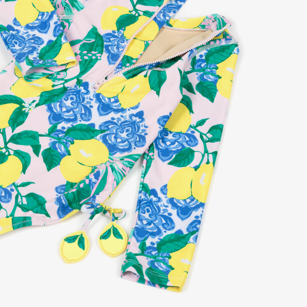 Shade Critters-Girls Blue & Yellow Lemon Print Long Sleeved Swimsuit (UPF50+) | Childrensalon