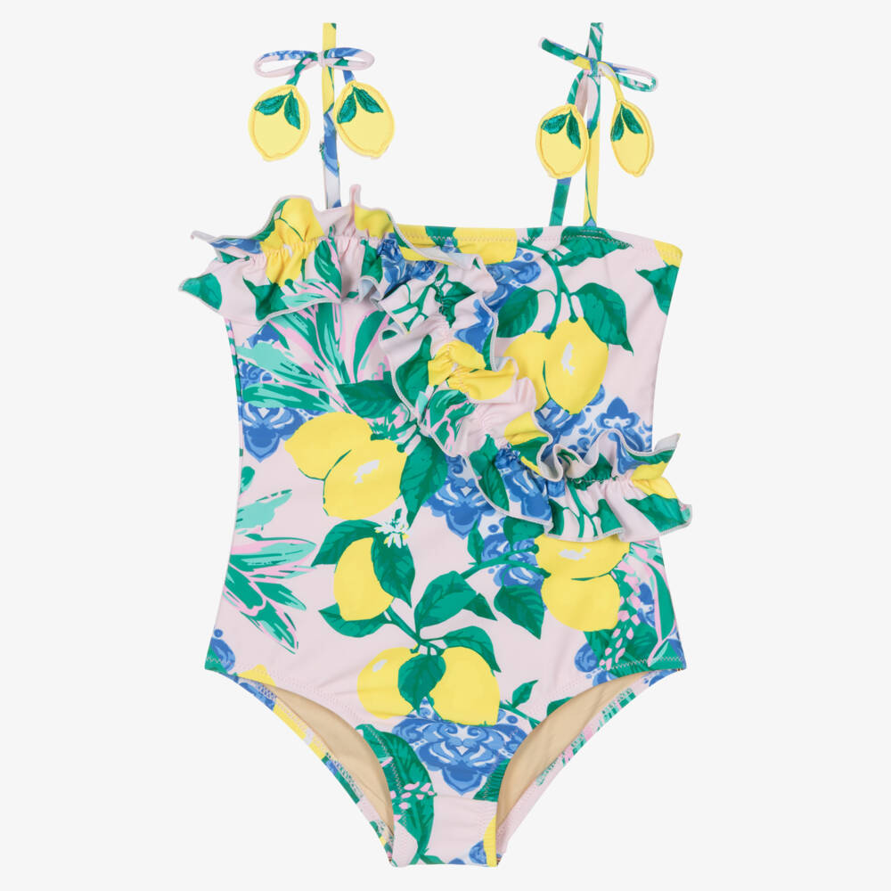 Shade Critters-Girls Blue & Yellow Lemon Print Swimsuit (UPF50+) | Childrensalon
