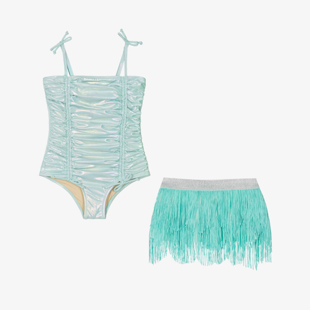Shade Critters-Girls Iridescence Mint Green & Hula Skirt Swim Set (UPF50+) | Childrensalon