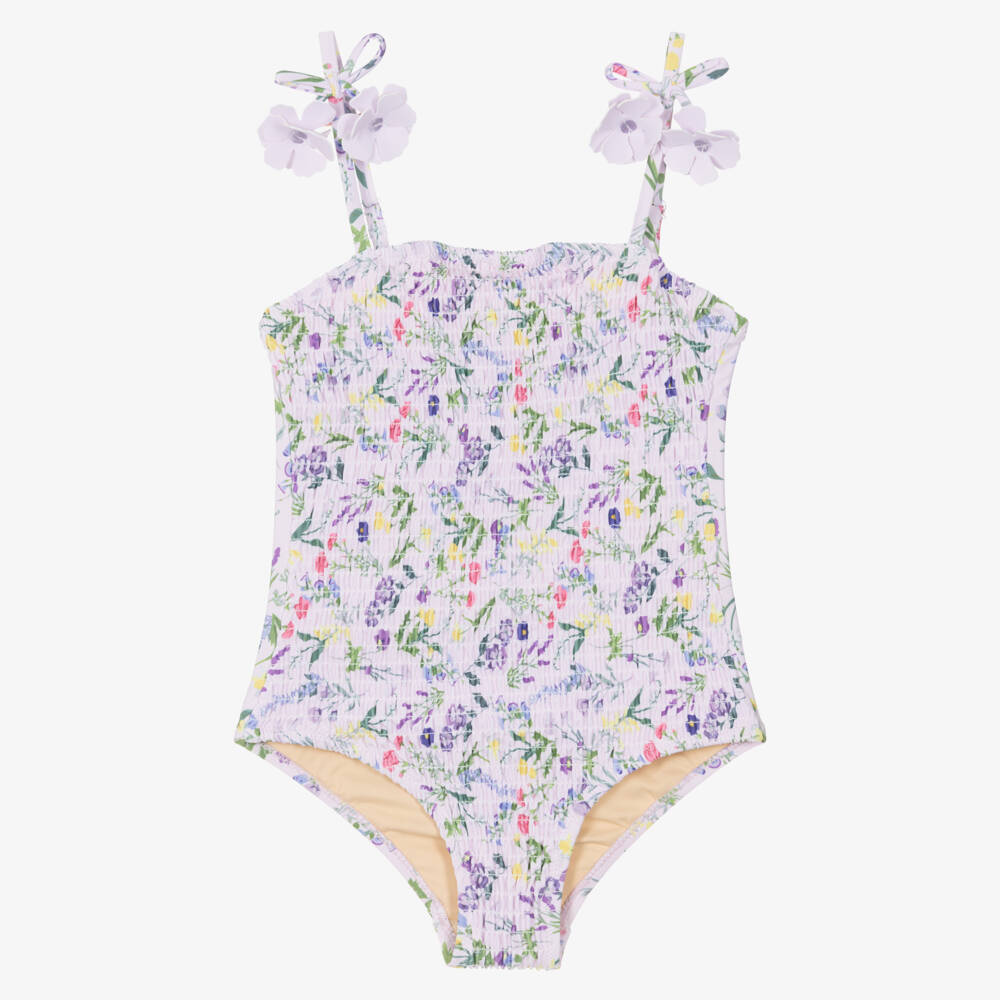 Shade Critters-Girls Lilac Floral Print Swimsuit (UPF50+) | Childrensalon