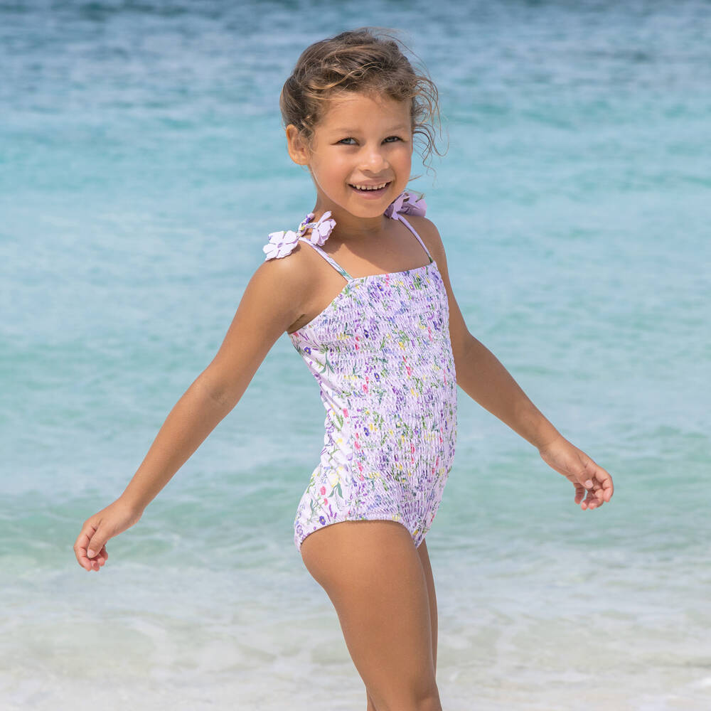 Shade Critters-Girls Lilac Floral Print Swimsuit (UPF50+) | Childrensalon