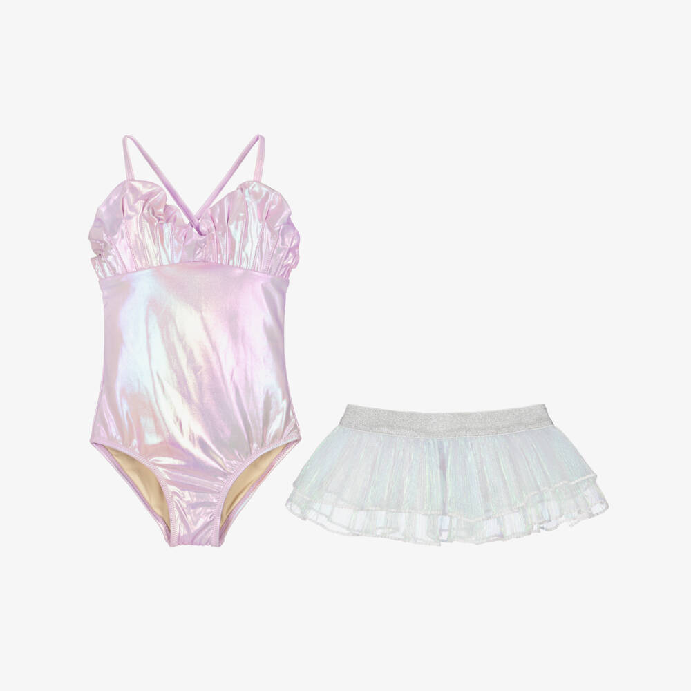Shade Critters-Купальник сиренево-розовый с серебристой юбкой для девочек (UPF50+) | Childrensalon