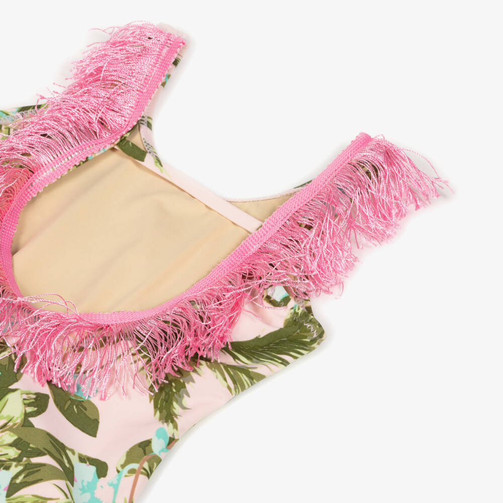 Shade Critters-Girls Pale Pink & Green Tropical Print Swimsuit (UPF50+) | Childrensalon