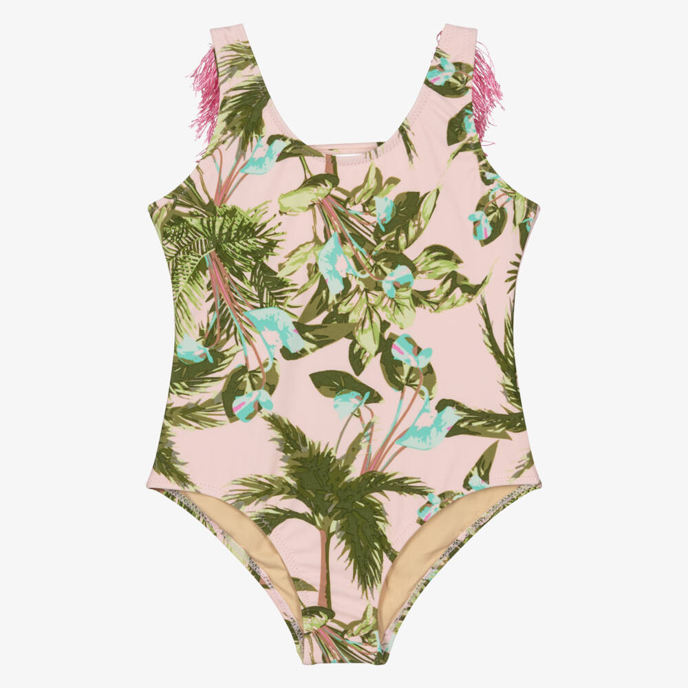 Shade Critters-Girls Pale Pink & Green Tropical Print Swimsuit (UPF50+) | Childrensalon