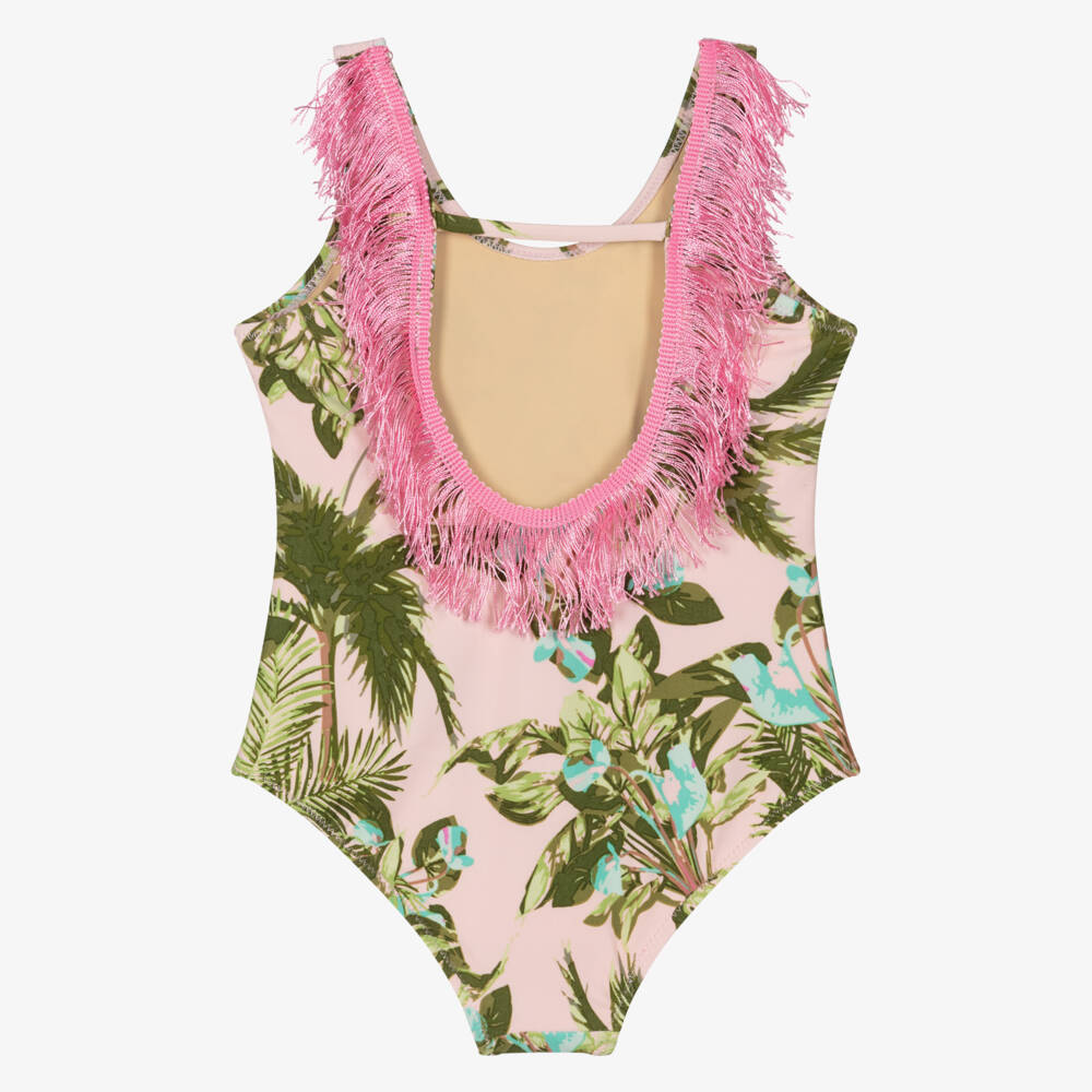 Shade Critters-Girls Pale Pink & Green Tropical Print Swimsuit (UPF50+) | Childrensalon