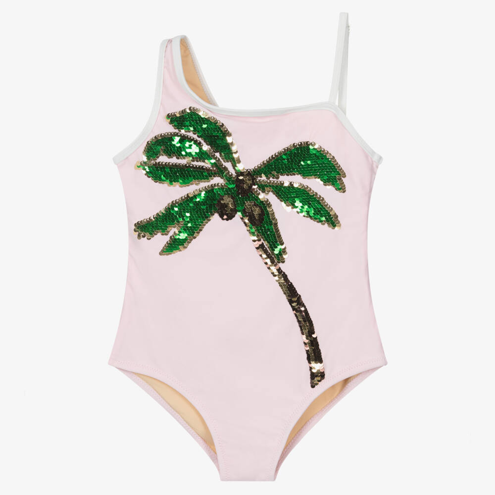 Shade Critters-Girls Pale Pink Swimsuit with Sequin Palm Tree (UPF50+) | Childrensalon
