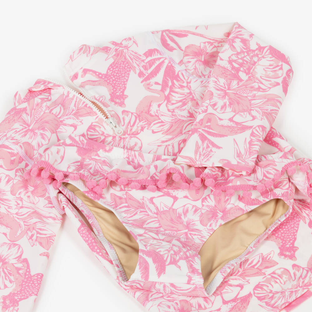 Shade Critters-Girls Pink & White Topical Floral Swim Set (UPF50+) | Childrensalon