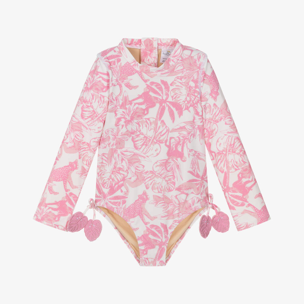 Shade Critters-Girls Pink & White Tropical Floral Swimsuit (UPF50+) | Childrensalon