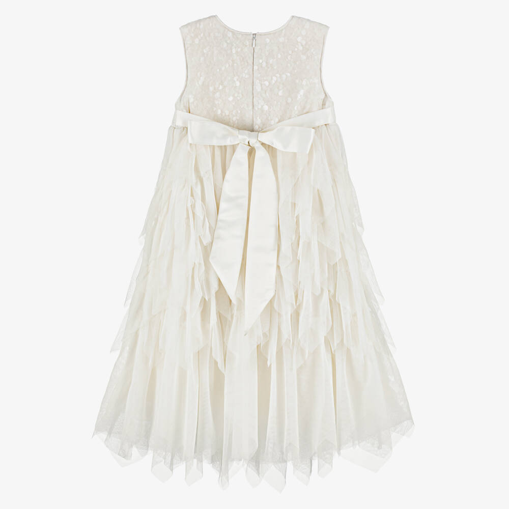 Shatha Essa-Girls Cream Sleeveless Tulle Dress with Sequin & Ruffle | Childrensalon