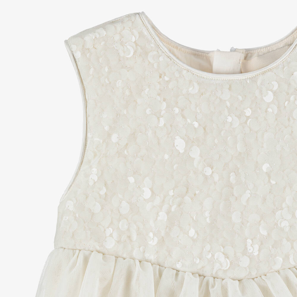 Shatha Essa-Girls Cream Sleeveless Tulle Dress with Sequin & Ruffle | Childrensalon