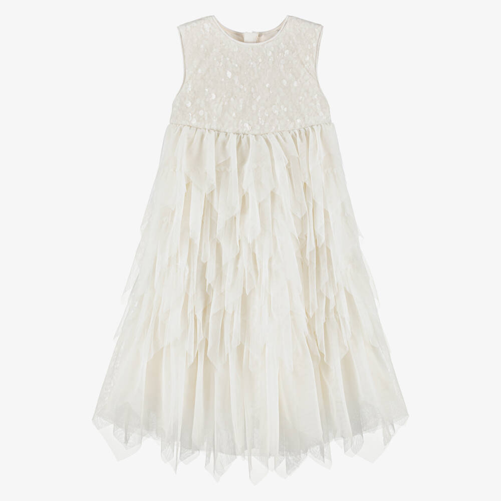 Shatha Essa-Girls Cream Sleeveless Tulle Dress with Sequin & Ruffle | Childrensalon