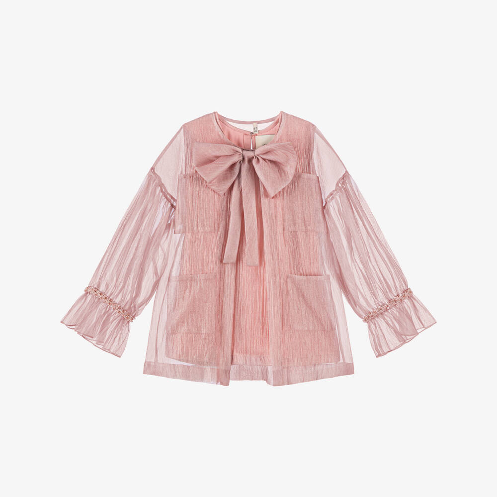 Shatha Essa-Girls Dusky Pink Crêpe Chiffon Blouse with Bow | Childrensalon