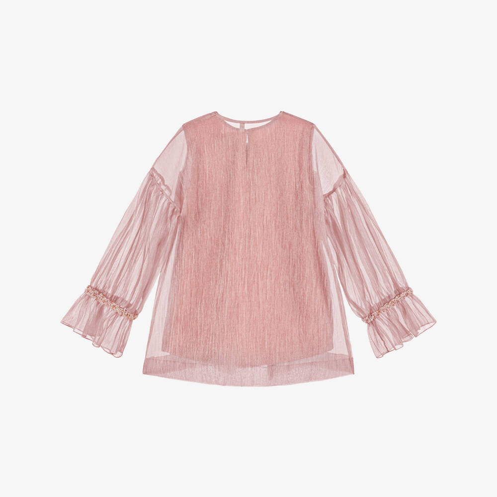 Shatha Essa-Girls Dusky Pink Crêpe Chiffon Blouse with Bow | Childrensalon
