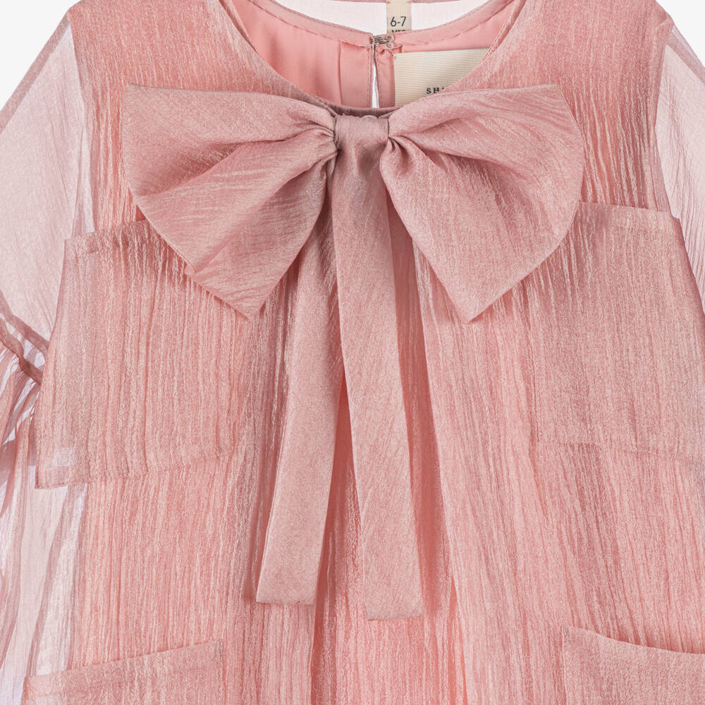 Shatha Essa-Girls Dusky Pink Crêpe Chiffon Blouse with Bow | Childrensalon