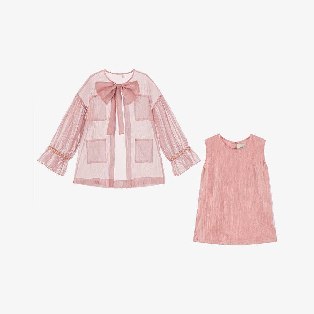 Shatha Essa-Girls Dusky Pink Crêpe Chiffon Blouse with Bow | Childrensalon