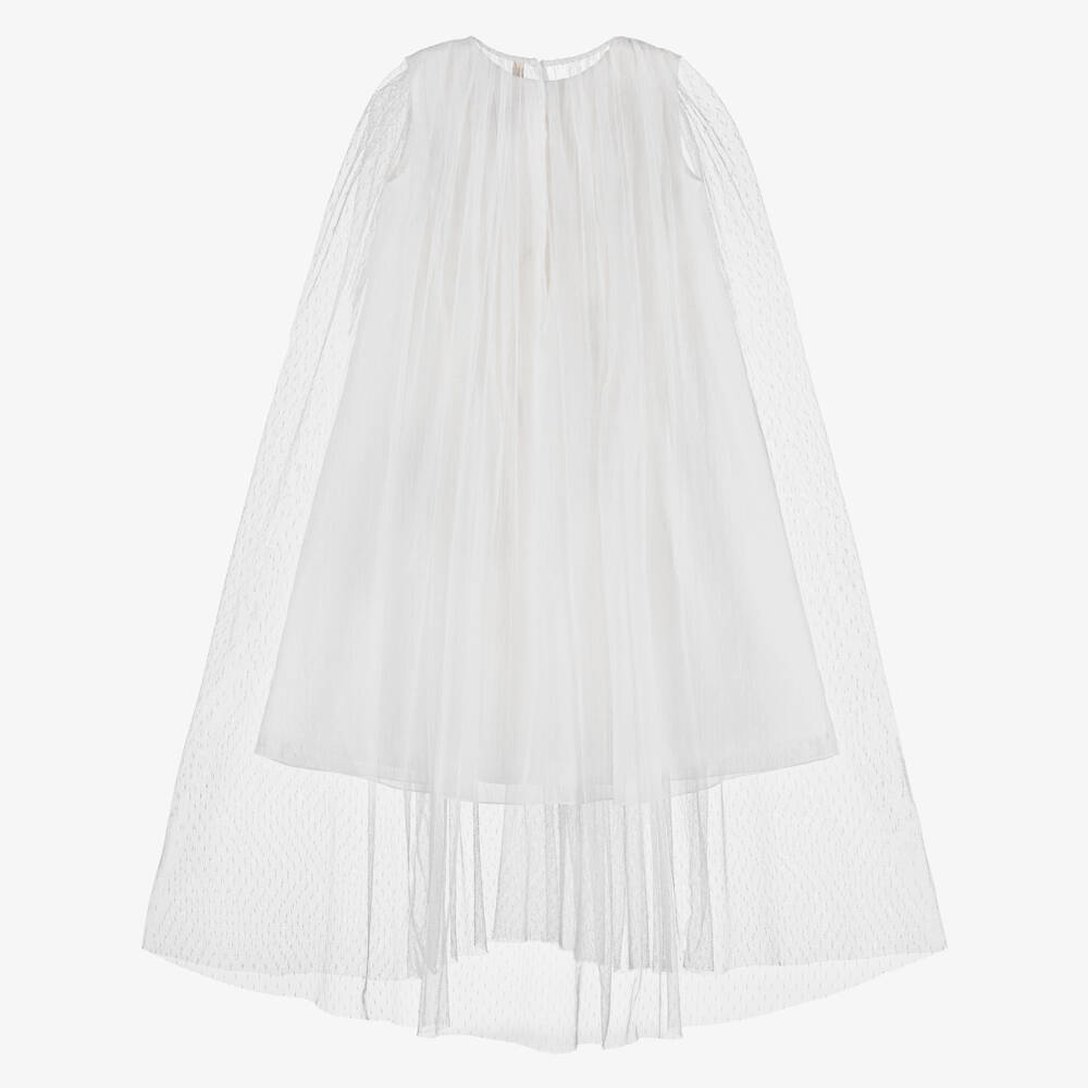Shatha Essa-Girls White Floral Embroidered Tulle Cape Dress | Childrensalon