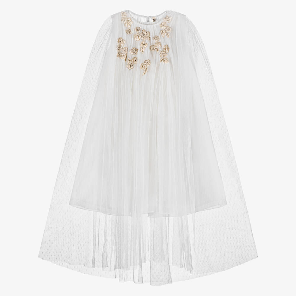Shatha Essa-Girls White Floral Embroidered Tulle Cape Dress | Childrensalon