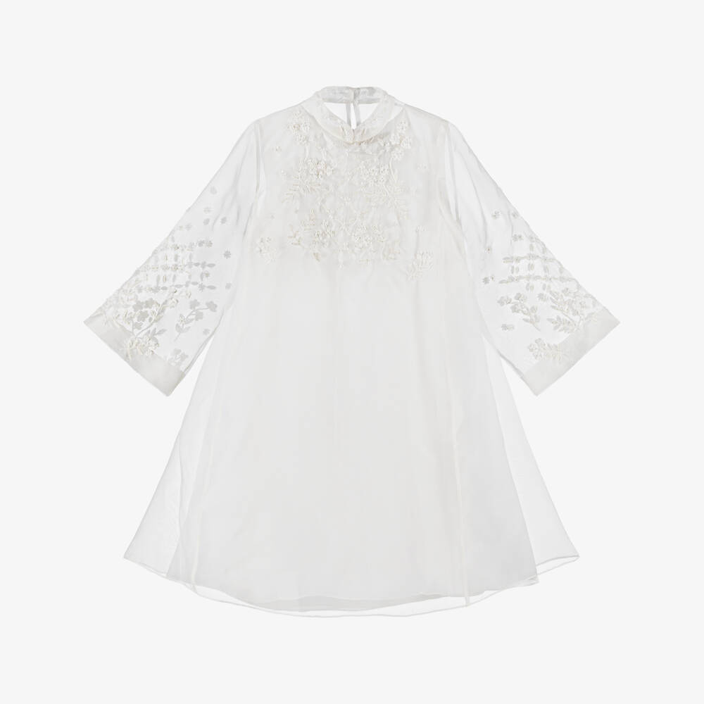 Shatha Essa-Платье белое из шелковой органзы с вышивкой бисером для девочек | Childrensalon