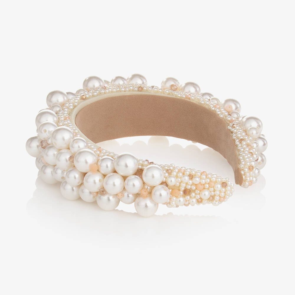 Sienna Likes To Party-Girls Ivory & Pink Padded Pearl Hairband | Childrensalon