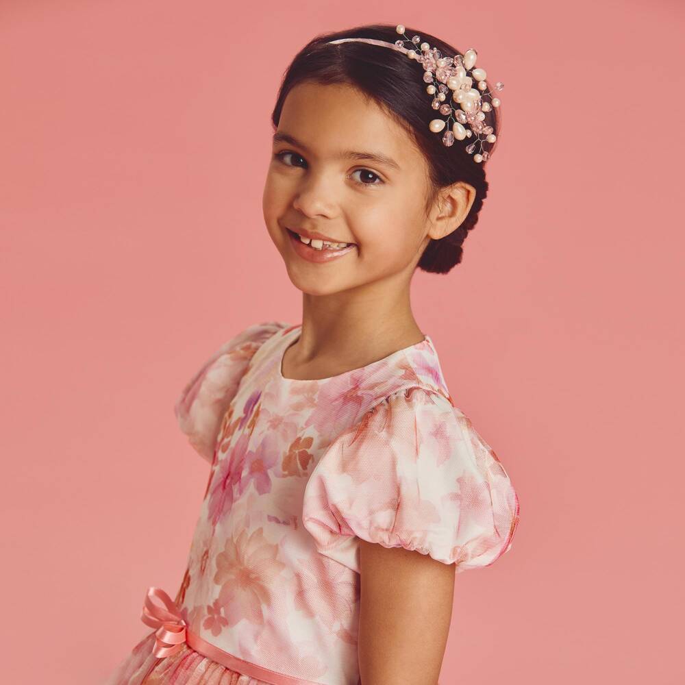 Sienna Likes To Party-Girls Pink Floral Crystal & Pearl Hairband | Childrensalon