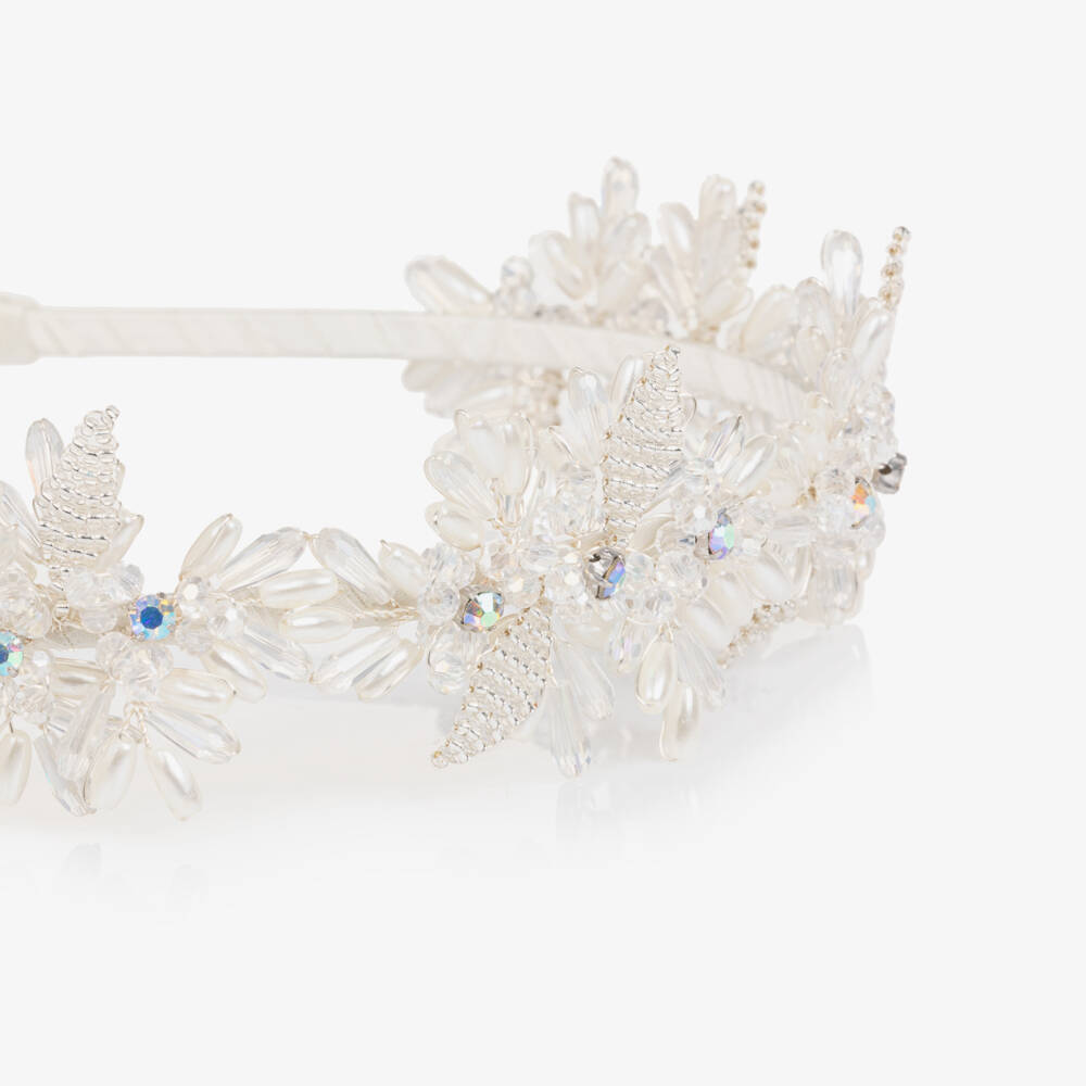 Sienna Likes To Party-Girls White Pearlescent Beaded Flowers Hairband | Childrensalon