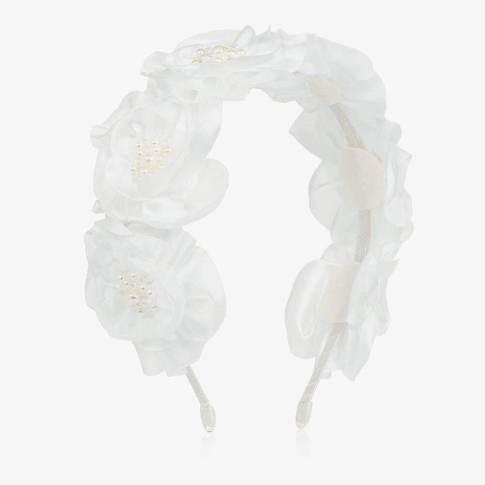 Sienna Likes To Party-Girls White Satin Flowers Hairband | Childrensalon