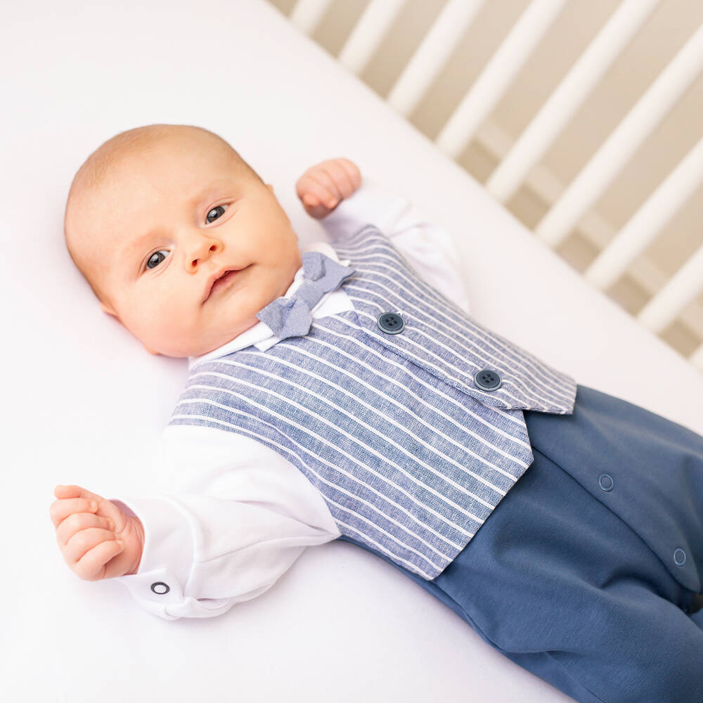 Sofija-Baby Boys Blue Cotton Waistcoat Romper Set | Childrensalon