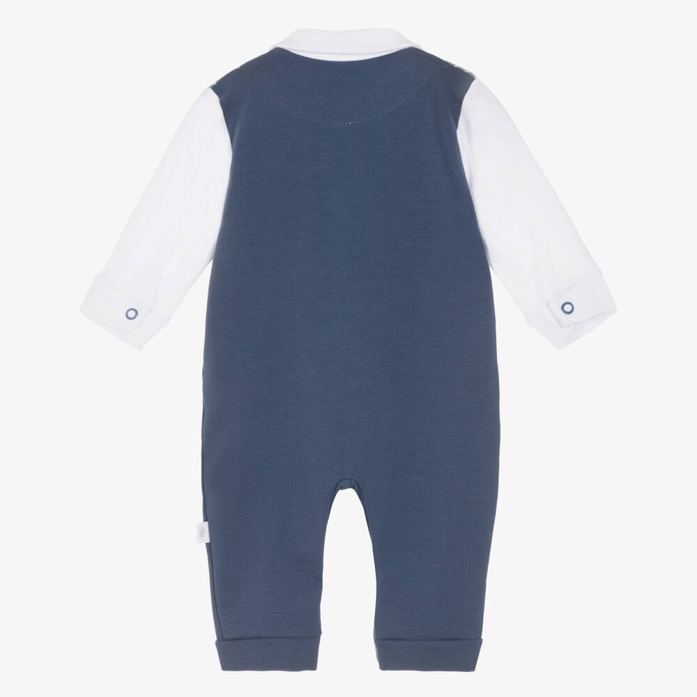 Sofija-Baby Boys Blue Cotton Waistcoat Romper Set | Childrensalon