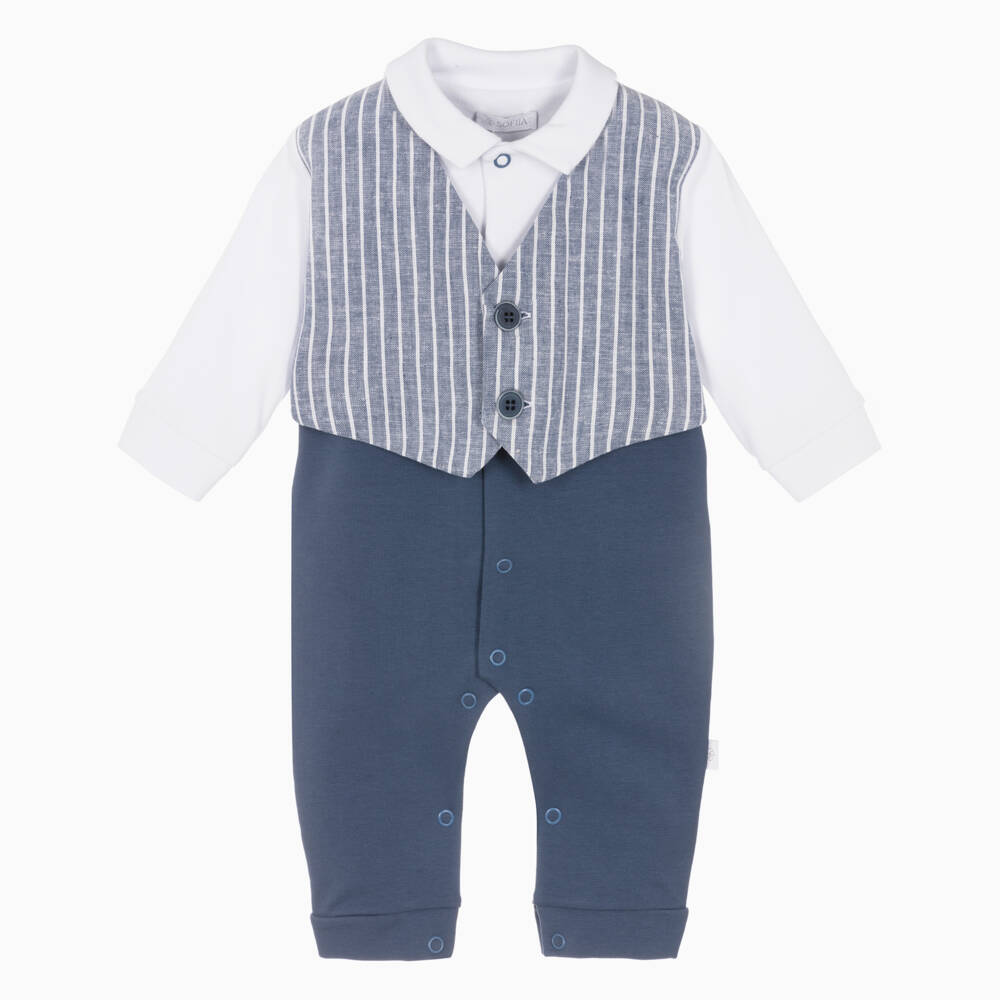 Sofija-Baby Boys Blue Cotton Waistcoat Romper Set | Childrensalon