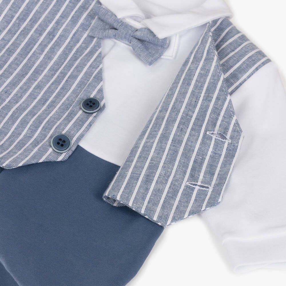 Sofija-Baby Boys Blue Cotton Waistcoat Romper Set | Childrensalon