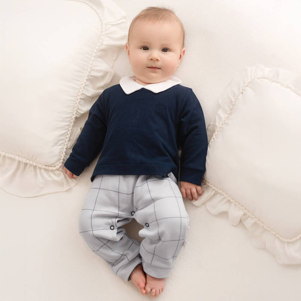 Sofija-Baby Boys Grey & Navy Blue Cotton Romper | Childrensalon