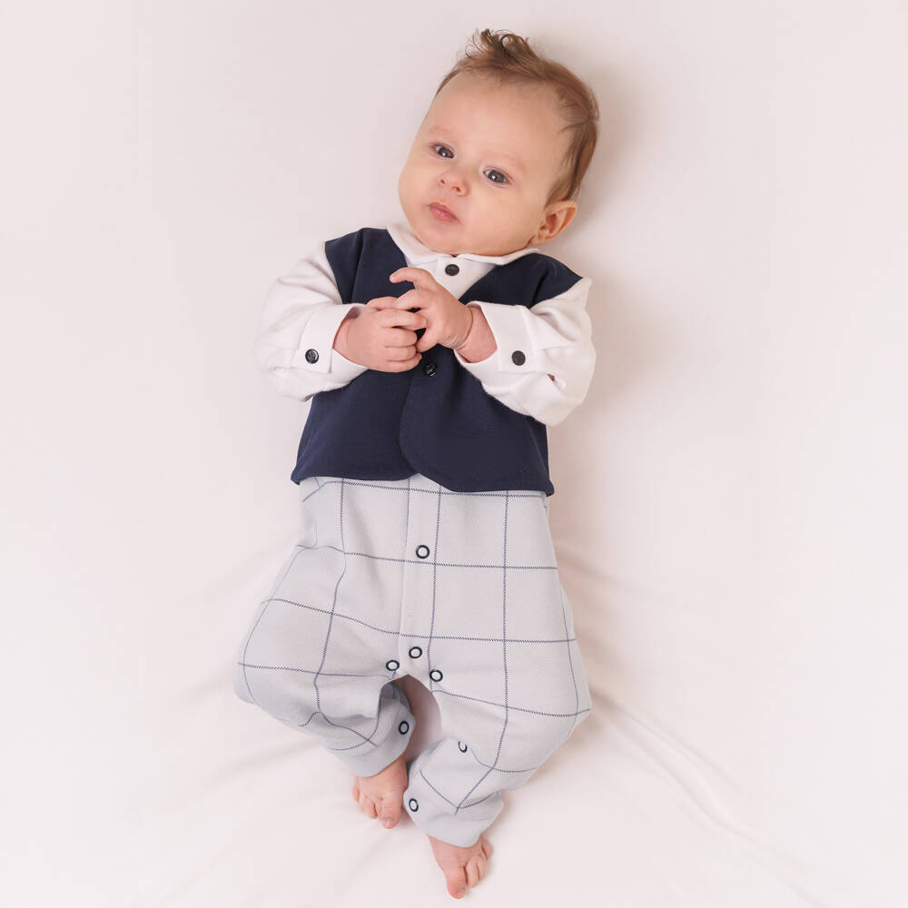 Sofija-Baby Boys Grey, Navy Blue & White Cotton Romper | Childrensalon