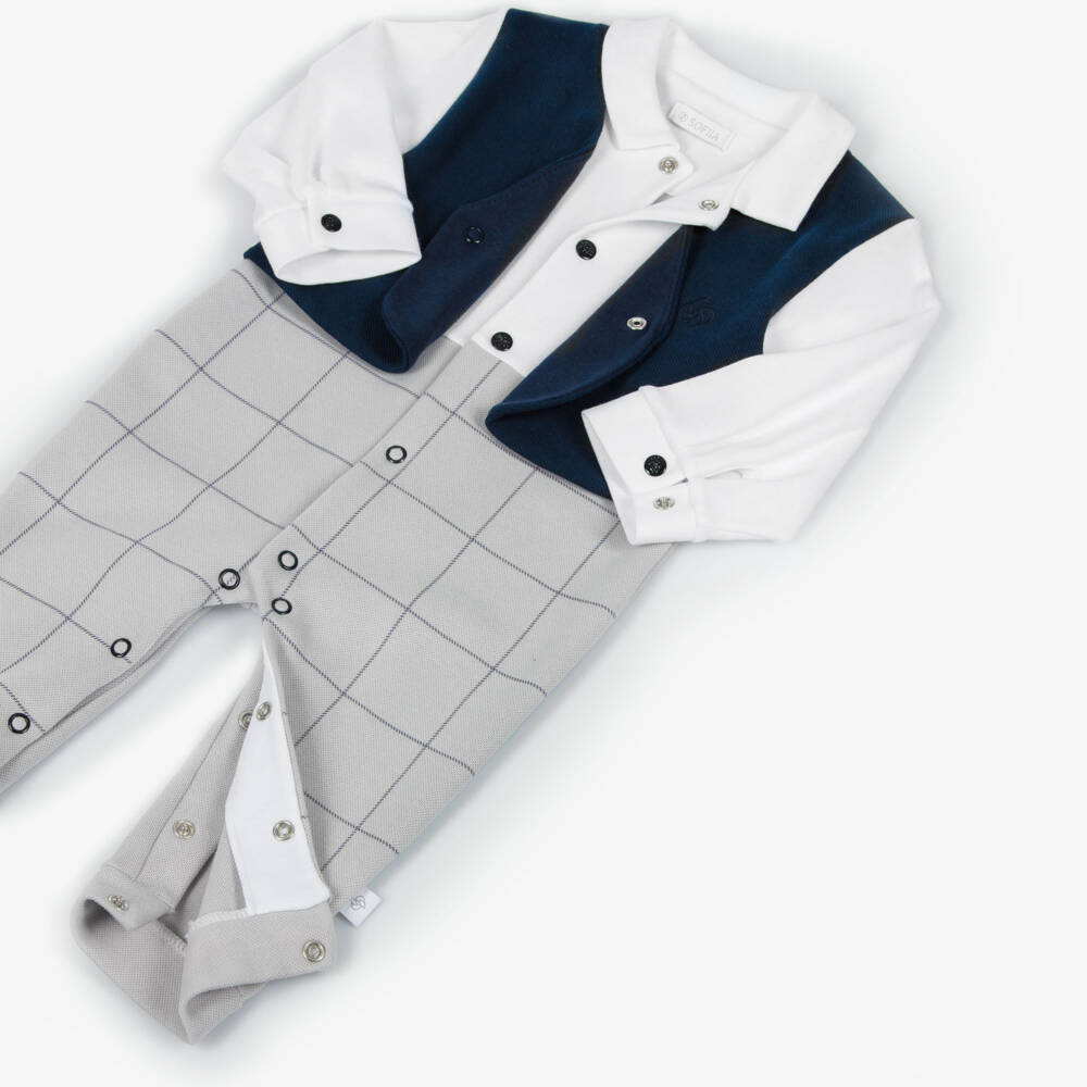 Sofija-Baby Boys Grey, Navy Blue & White Cotton Romper | Childrensalon