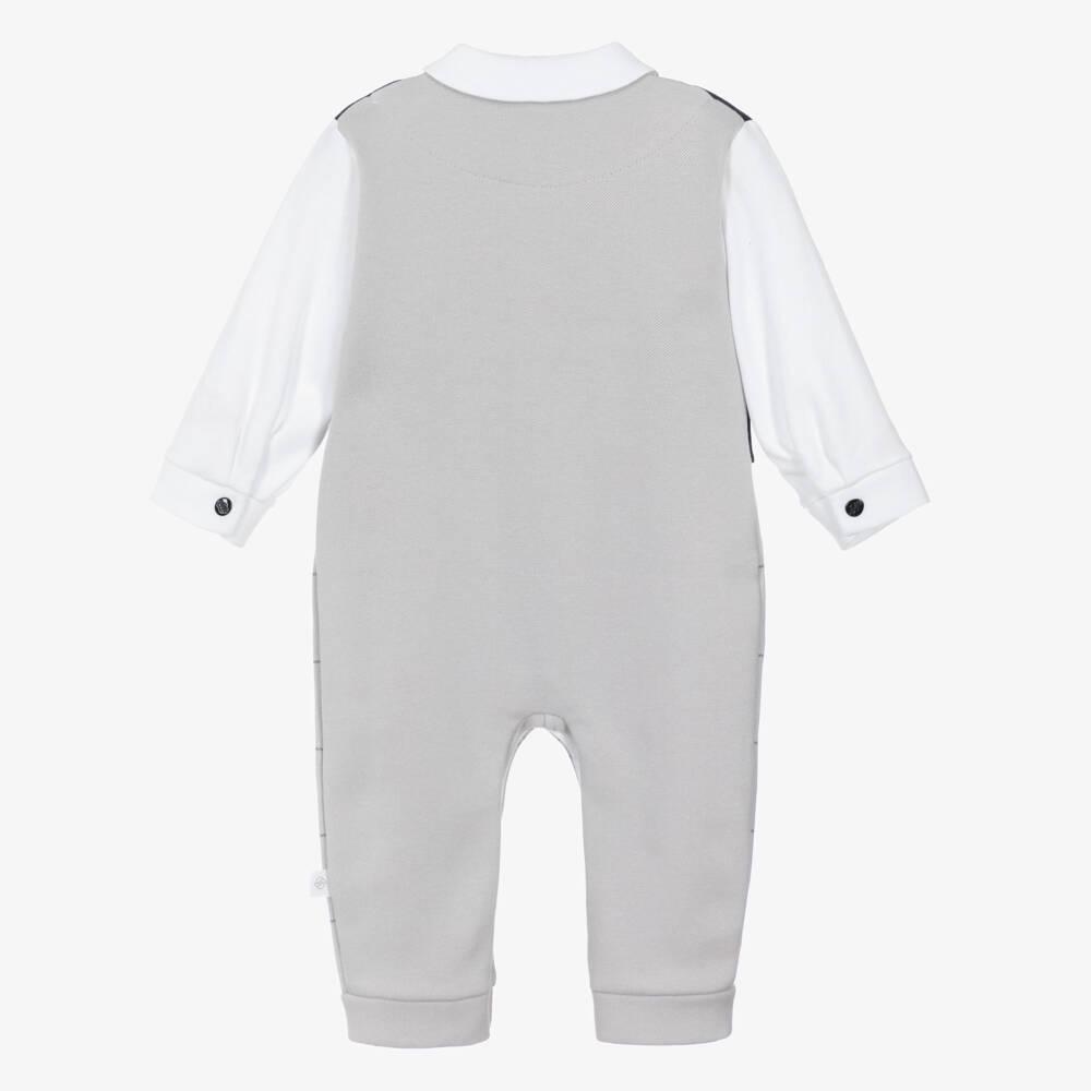 Sofija-Baby Boys Grey, Navy Blue & White Cotton Romper | Childrensalon