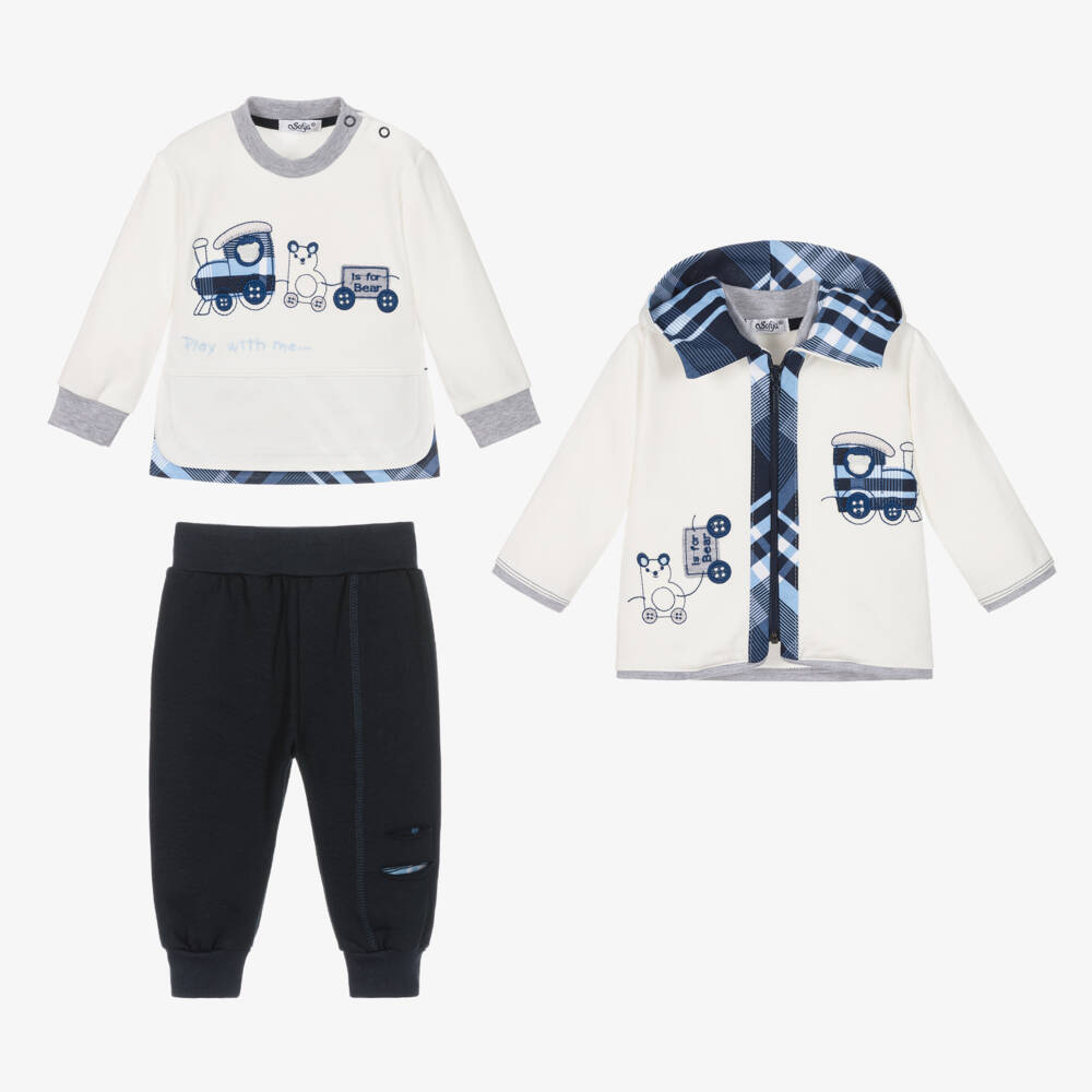 Sofija-Baby Boys White & Blue Cotton Tracksuit Set | Childrensalon