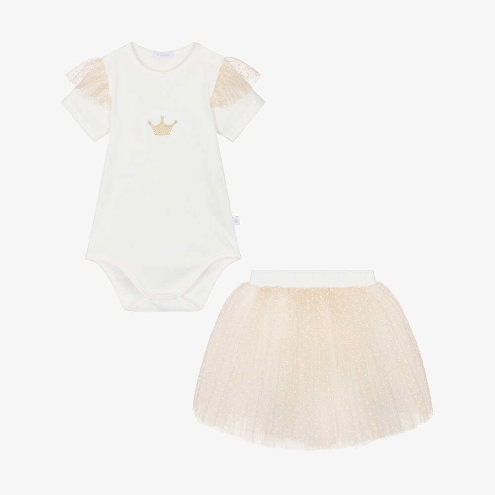 Sofija-Baby Girls Ivory Bodysuit & Gold Tulle Skirt Set | Childrensalon