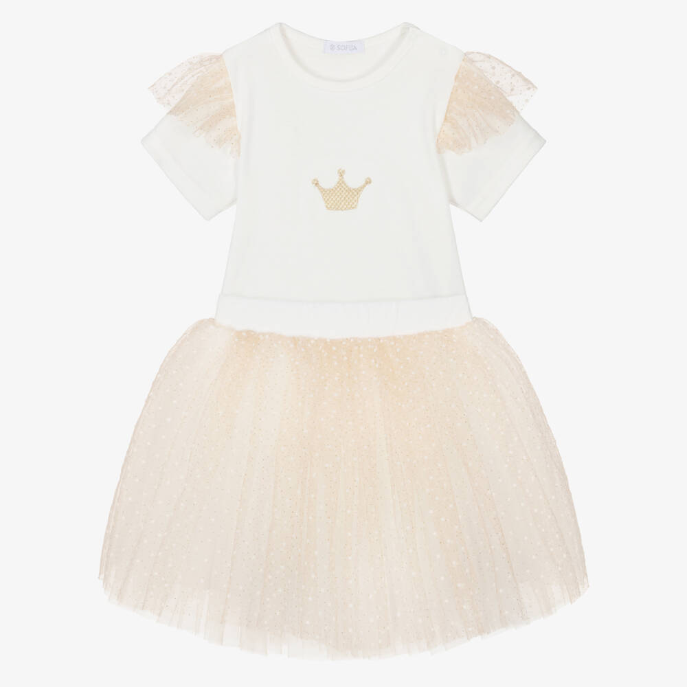 Sofija-Baby Girls Ivory Bodysuit & Gold Tulle Skirt Set | Childrensalon