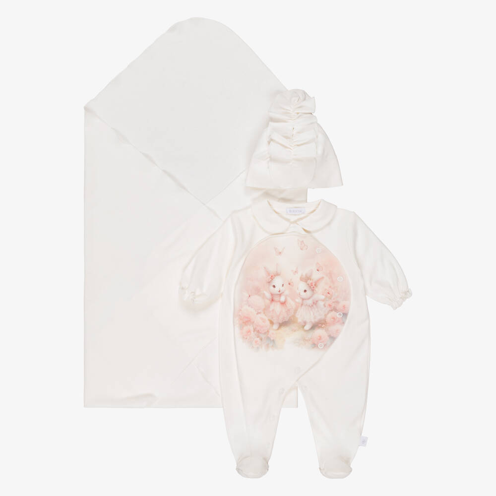 Sofija-Baby Girls Ivory Cotton Babygrow Set with Rabbit Print | Childrensalon