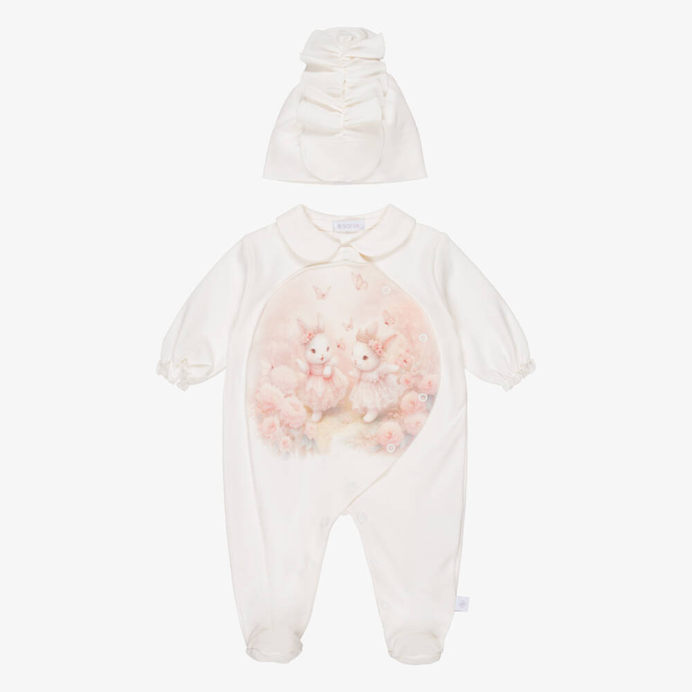 Sofija-Baby Girls Ivory Cotton Babygrow Set with Rabbit Print | Childrensalon