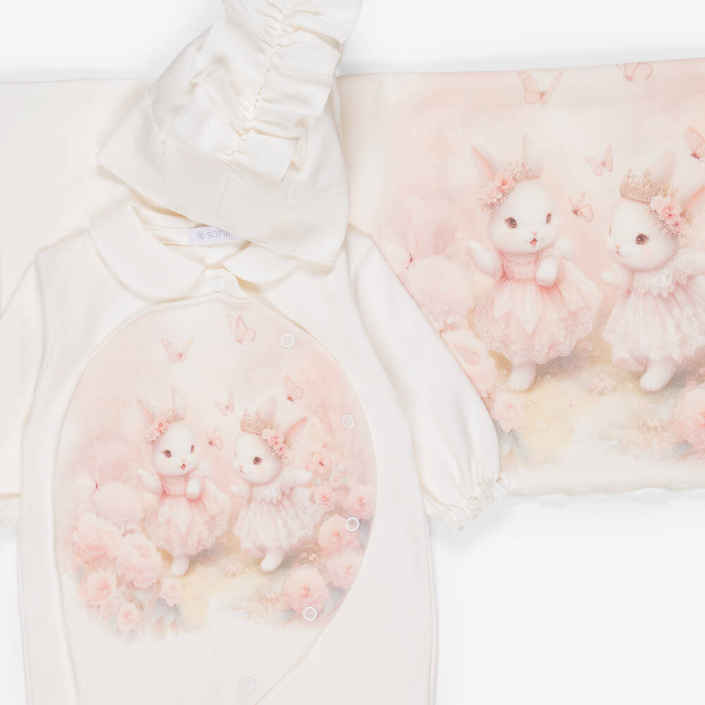 Sofija-Baby Girls Ivory Cotton Babygrow Set with Rabbit Print | Childrensalon
