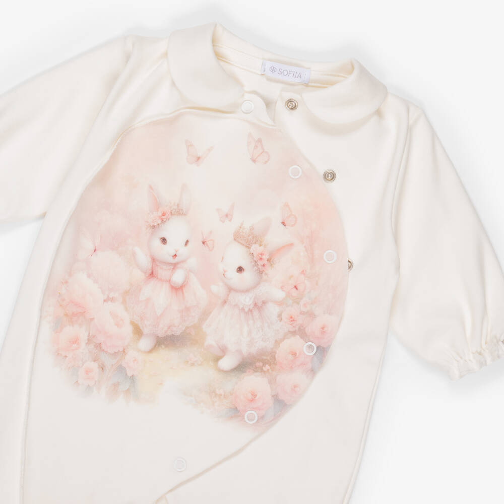 Sofija-Baby Girls Ivory Cotton Babygrow Set with Rabbit Print | Childrensalon
