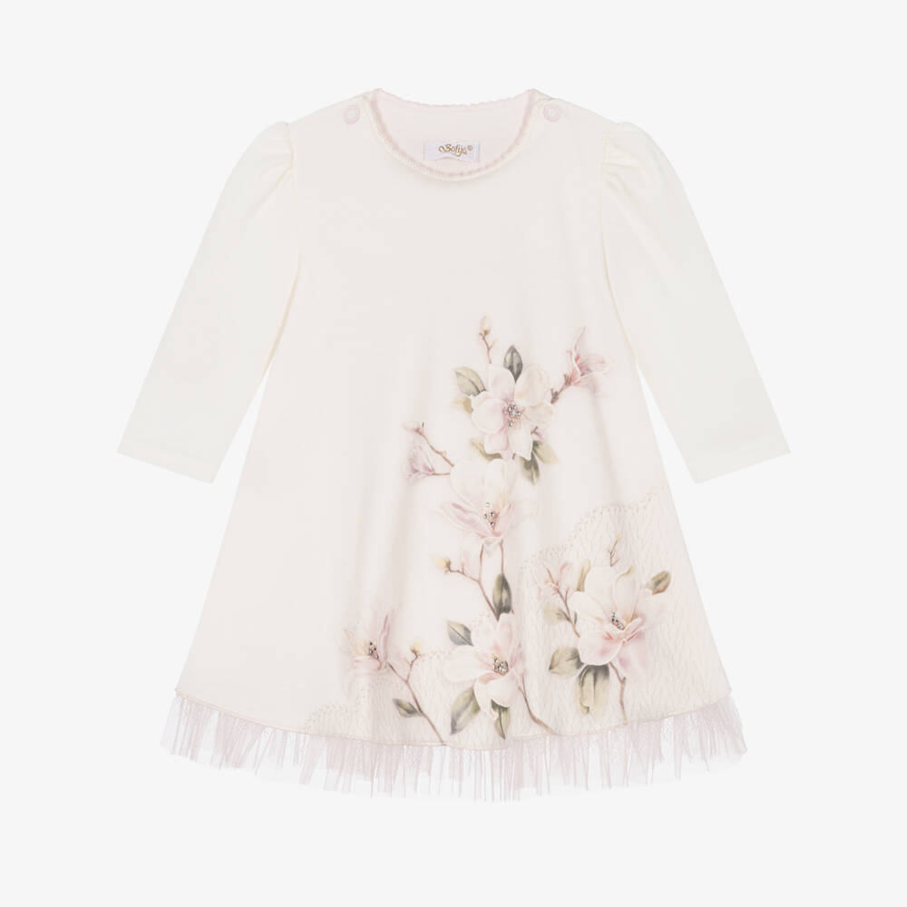 Sofija-Baby Girls Pale Pink Cotton Floral Dress | Childrensalon