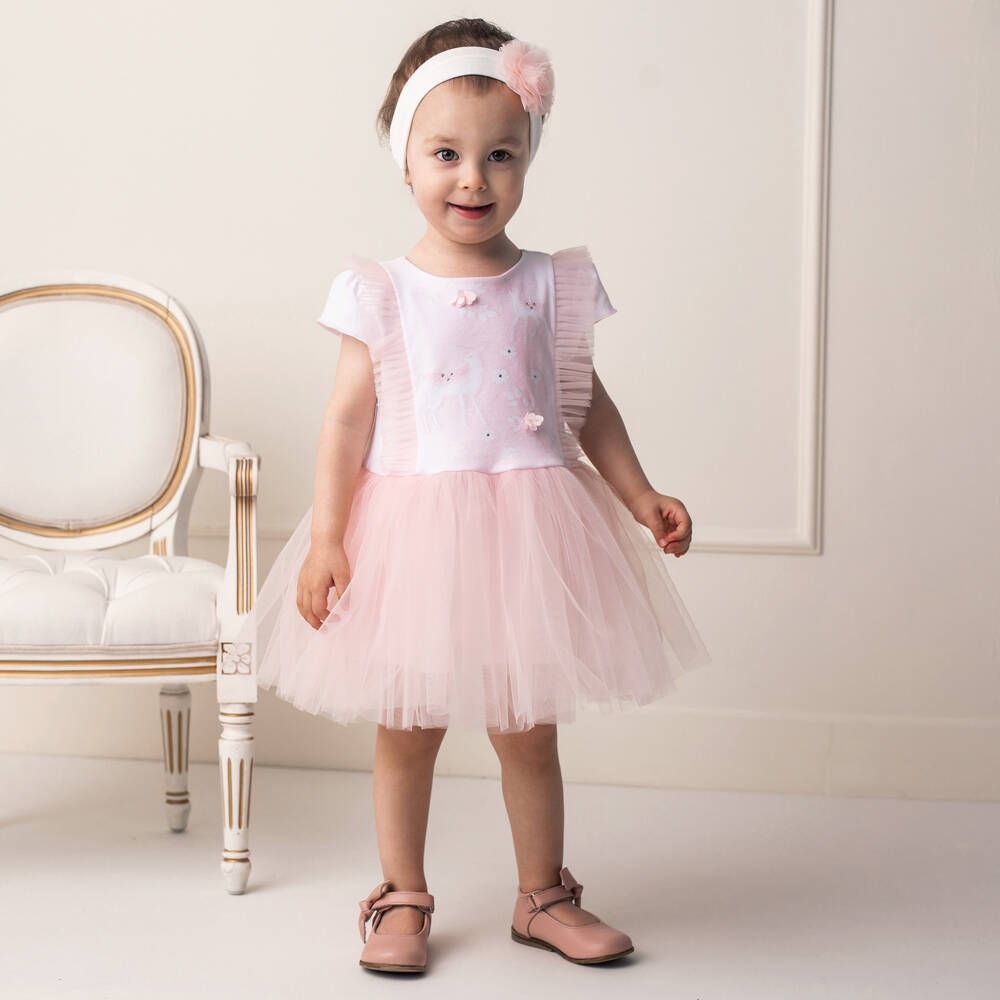 Sofija-Baby Girls Pink Cotton & Frilly Tulle Dress | Childrensalon