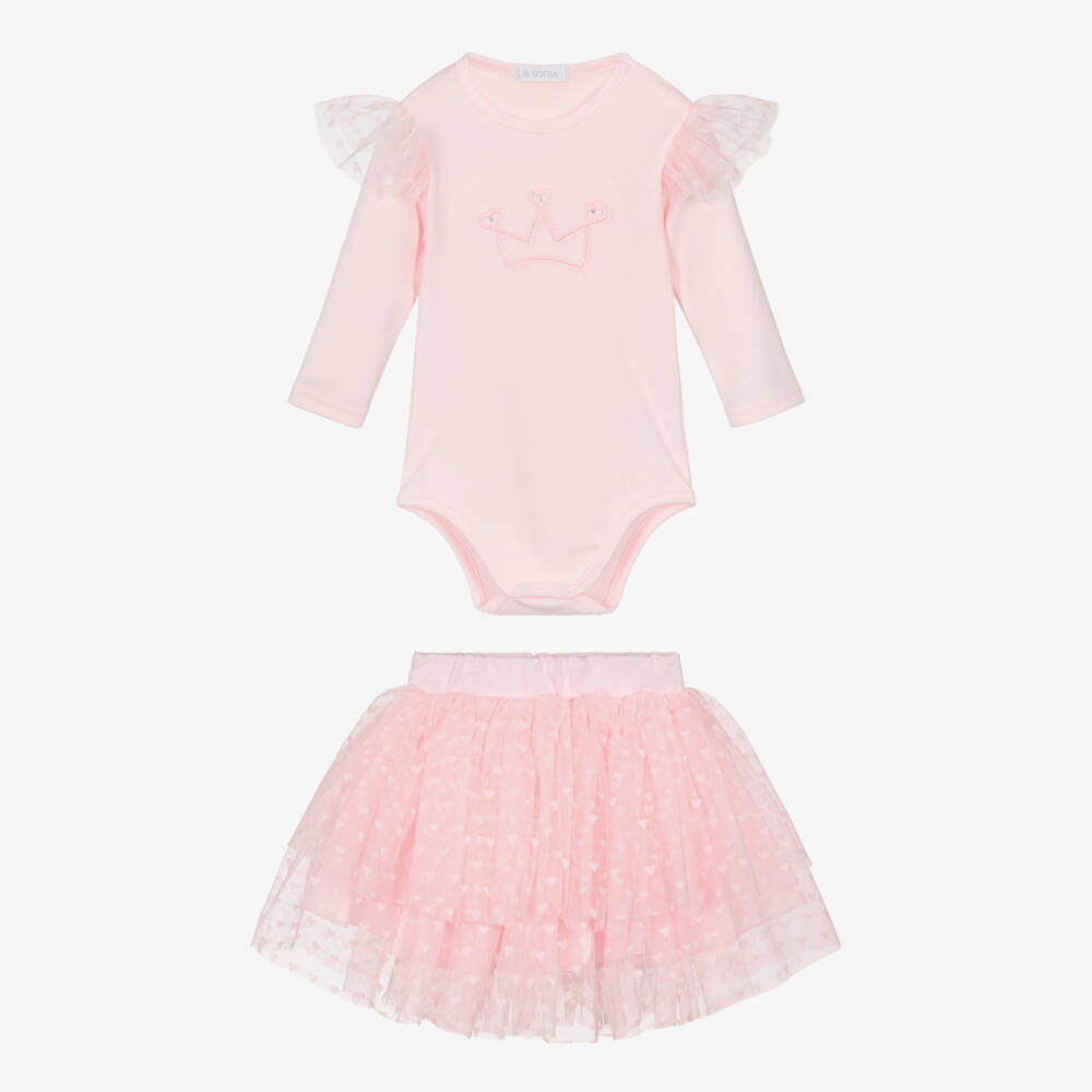 Sofija-Комплект с юбкой розовый из хлопка и тюля с короной для малышек | Childrensalon